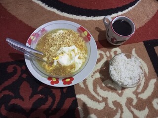Indonesian Comfort Meal Noodles, Egg, Rice, and Coffee