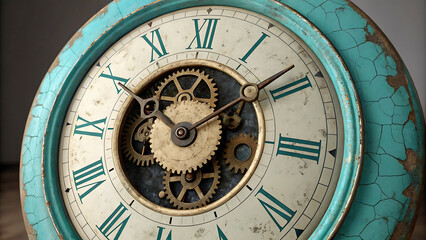 Fototapeta premium Detailed close up of an antique clock face displaying roman numerals and intricate gears within a vintage setting.