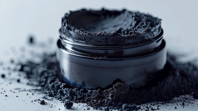 High resolution macro shot of a single activated charcoal tooth powder container isolated on a white background