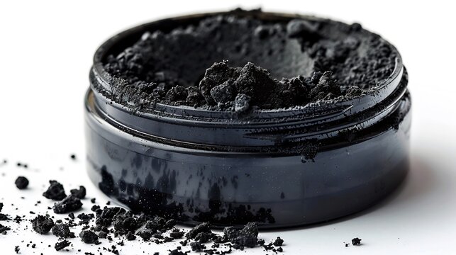 High resolution macro shot of a single activated charcoal tooth powder container isolated on a white background