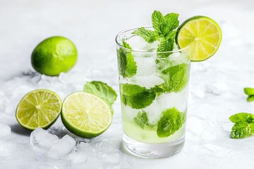 Refreshing lime mojito cocktail with mint garnished on ice.