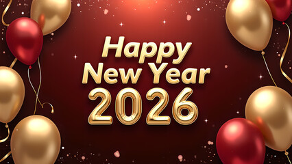 Naklejka premium Festive New Year 2026 Celebration with Golden Balloons and Sparkling Accents