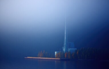 Fototapeta premium Misty architectural scene by water