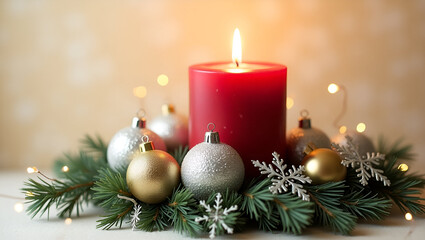 
Beautifully arranged Christmas decor with a red candle as the centerpiece complemented by shiny baubles holly leaves and a festive background.
