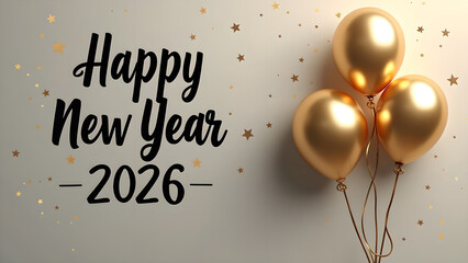 Elegant new year 2026 greeting card with golden balloons and sparkling stars
