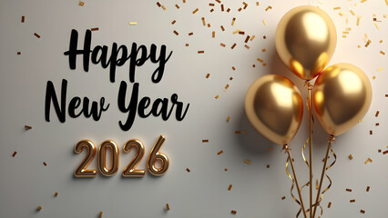Elegant Happy New Year 2026 celebration with golden balloons and confetti background