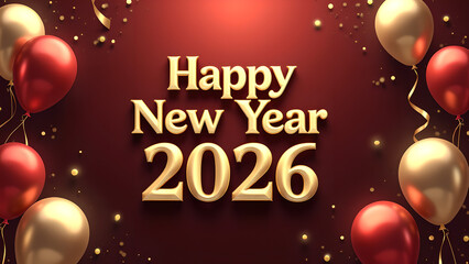 Festive New Year 2026 Celebration with Golden Text and Balloons on Red Background