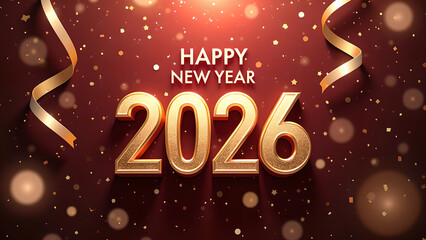 Elegant Happy New Year 2026 celebration with gold numbers and confetti background