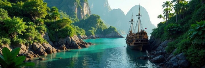 Eroded cliffs, weathered shipwreck, overgrown jungle , environment, light