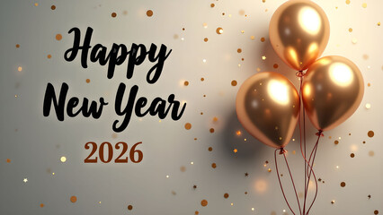 Elegant Happy New Year 2026 Celebration with Golden Balloons and Confetti