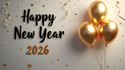 Elegant New Year 2026 Celebration with Golden Balloons and Festive Decorations