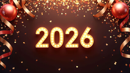 Elegant 2026 new year celebration with golden confetti and festive ornaments
