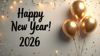Elegant Happy New Year 2026 Celebration with Golden Balloons and Festive Lights
