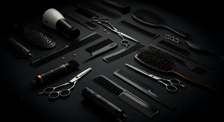 Electronic circuit board, Top View of Hairdresser Tools – Scissors, Combs, and Accessories on Black Background