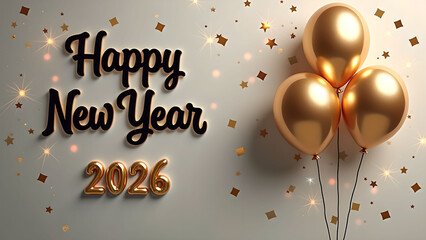 Elegant Happy New Year 2026 Celebration with Golden Balloons and Confetti