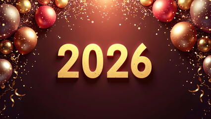 Elegant 2026 new year celebration with golden balloons and shimmering confetti