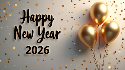 Elegant Happy New Year 2026 Celebration with Golden Balloons and Confetti