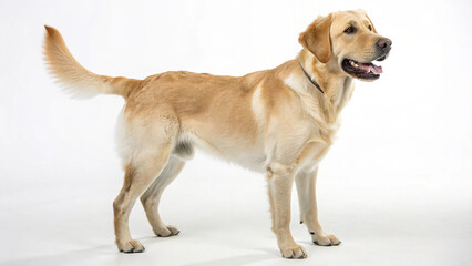 Portrait of labrador retriever standing on white background