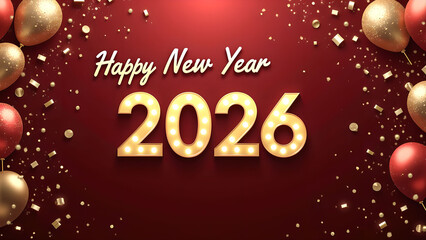 Elegant Happy New Year 2026 Celebration with Balloons and Confetti Illustration