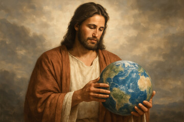 Jesus Holding the Earth in His Hands – Spiritual Christian Art Representing Divine Care and Global Love