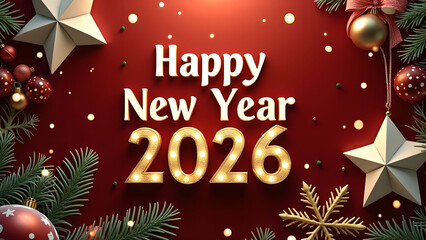 Festive Happy New Year 2026 Celebration with Holiday Decorations on Red Background