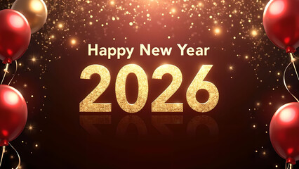 Elegant Happy New Year 2026 Celebration with Golden Text and Festive Balloons