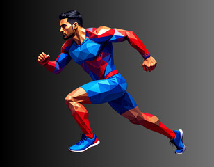 Naklejka premium Low-poly superhuman character in blue-red costume on dark neutral scene