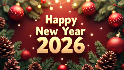 Festive Happy New Year 2026 Celebration with Holiday Ornaments and Decorations
