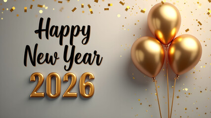 Elegant happy new year 2026 celebration with golden balloons and confetti decorations