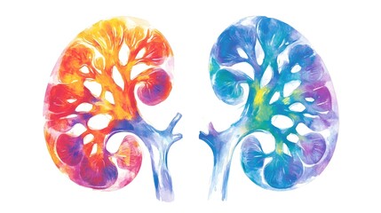 Vibrant, stylized anatomical illustration of a pair of human kidneys, depicted in a watercolor-like technique with warm and cool color palettes