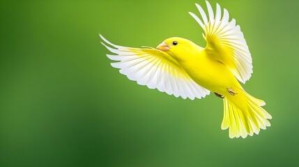 Obraz premium Vibrant yellow bird in flight against a blurred green background, wings spread wide, showcasing white feather undersides