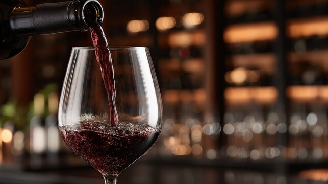 Close-up of a sommelier pouring red wine into a crystal glass during an exclusive evening tasting inside a warm-lit wine cellar, ideal for luxury lifestyle and beverage features