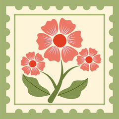 red pastel flowers with cream and green square elements for decoration on transparent background