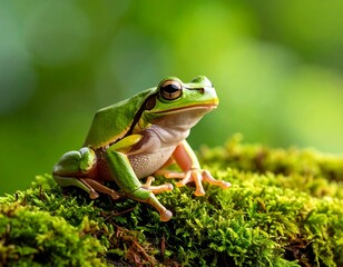 Green frog on moss in forest