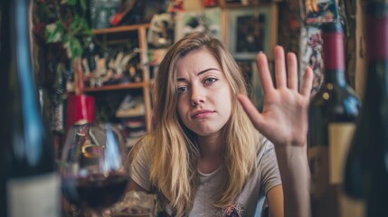 Teenage girl refusing alcohol by showing stop gesture with hand in front of wine glass, symbolizing rejection, awareness, self-control, underage drinking prevention, addiction, and health education