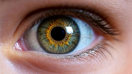 Close-up of a human eye with hazel iris showing intricate details of color and texture.  The lighting is soft and natural - Powered by Adobe