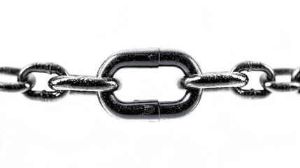 Obraz premium Close-up of a strong, metallic chain link against a stark white background, showcasing its sturdy construction and individual components