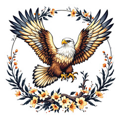 Obraz premium A powerful bald eagle, a symbol of freedom, with its wings spread against a flag, depicted as a vector animal illustration for design or tattoo