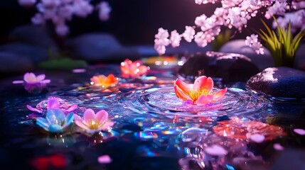 Serene night scene luminous blossoms float on a dark, shimmering pond under a blossoming tree