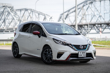KRASNOYARSK, RUSSIA - May 24, 2025: White Nissan Note e-Power Nismo S