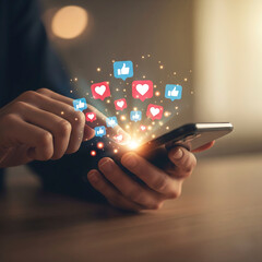 Receiving Social Media Love Close-Up of Hands Interacting with a Smartphone Displaying Floating Heart and Like Icons with a Warm Glow