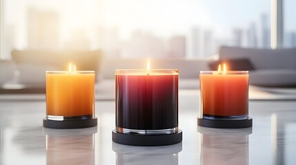 Three burning candles in glass jars with dark bases sit on a marble surface, reflecting light in a modern, bright interior