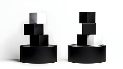 Two black cylindrical bases each supporting an offset stack of black and white cubes against a stark white background