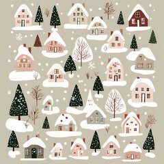 Cozy Houses, Snowy Landscape, Festive Atmosphere, Digital Illustration, Whimsical Environment, Aerial View, Holiday Concept