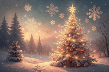 Magical Christmas Eve Sparkling Tree in Snowy Forest