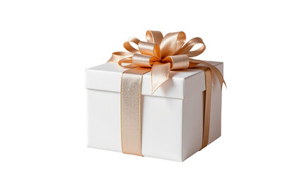 Obraz premium Elegant white gift box with golden ribbon and bow on a plain background, perfect for any celebration or occasion