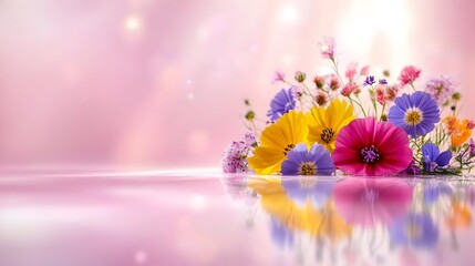 Vibrant wildflowers in a soft pink bokeh background, reflected on a polished surface