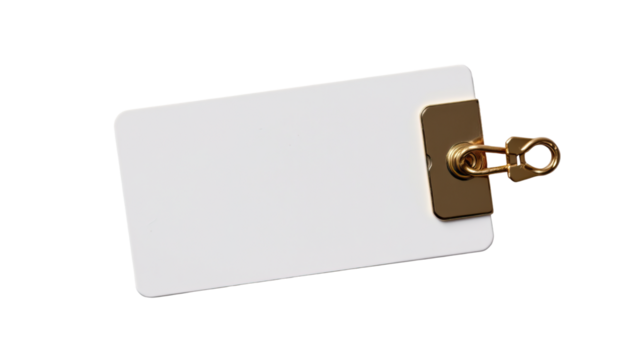 Blank white name tag with gold clip for personal identification at events or conferences, isolated on a flat background