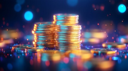 Three stacks of gleaming gold coins sit on a dark surface, surrounded by a bokeh of vibrant blue, orange, and red lights, suggesting wealth and prosperity