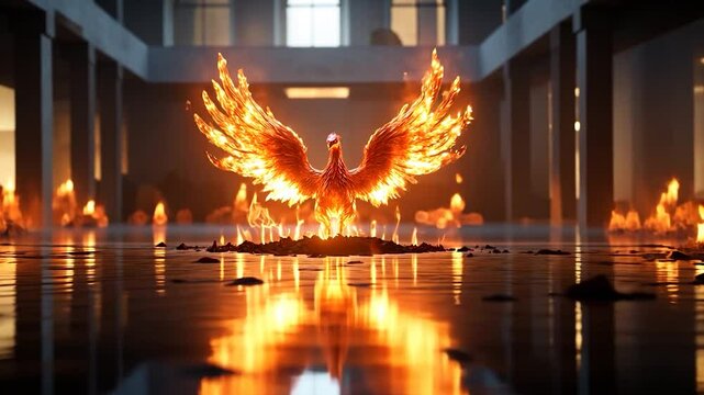Fiery phoenix rising from ashes, reflected in dark, glossy floor of modern building. Dramatic lighting, intense orange and yellow flames